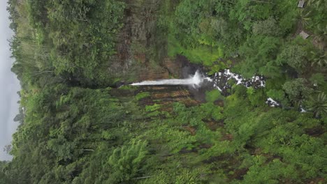 Saturated-green-jungle-waterfall:-Vertical-aerial-flight-into-canyon