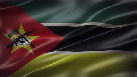 Die-Nationalflagge-Der-Republik-Mosambik,-Vorderansicht,-Vollbild,-Glänzend,-Glatt,-Elegante-Seidige-Textur,-Weht-Im-Wind,-Realistische-4K-CG-Animation,-Filmähnlicher-Look,-Nahtlos-Schleifbar