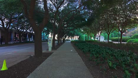 Walking-along-a-sidewalk-next-to-Discovery-Green-in-Houston-with-trees
