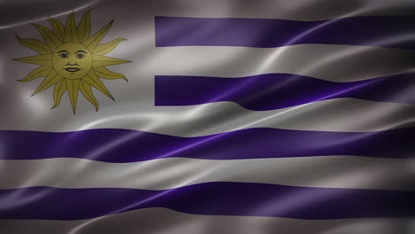La-Bandera-Nacional-De-Uruguay,-Vista-Frontal,-Fotograma-Completo,-Textura-Sedosa,-Elegante-Y-Brillante,-Ondeando-En-El-Viento,-Animación-Realista-De-4k-Cg,-Sensación-Y-Apariencia-De-Película,-Sin-Interrupciones