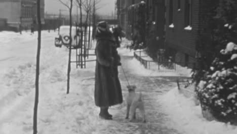Mujer-Rica-Con-Perro-En-La-Acera-De-Un-Barrio-De-Nueva-York-En-La-Década-De-1930