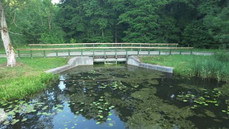 Die-Drohne-Schwebt-Im-Morgengrauen-über-Dem-Europäischen-See-Und-Enthüllt-Die-Schönheit-Der-Natur,-üppige-Wälder-Und-Einen-Malerischen-Staudamm-Mit-Einer-Bezaubernden-Brücke
