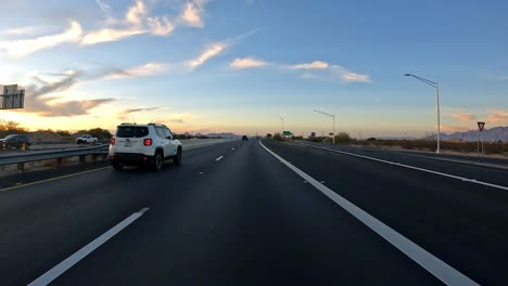 POV---Driving-on-Interstate-10-in-Arizona-at-sunset