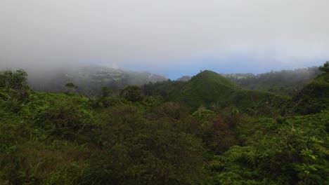 Aerial-dolly-over-tropical-lush-jungle-with-hills-and-peaks,-low-clouds-hang-above-ocean