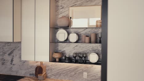shelves-inside-of-a-kitchen-housing-modern-plates,-cups,-and-art-in-the-kitchen-of-a-luxury-home