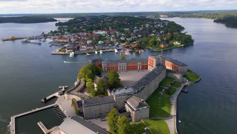 Drone-shot-flying-over-the-Vaxholm-Fortress-in-Sweden