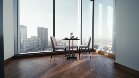 a-wide-push-in-shot-of-a-small-table-set-with-white-chairs-on-a-wooden-floor-inside-of-a-luxury-condo-next-to-large-windows