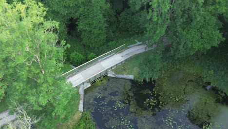 Der-Faszinierende-Drohnenflug-Fängt-Die-Ruhige-Morgendämmerung-Europas-Ein-Und-Zeigt-Einen-Malerischen-See,-üppige-Wälder-Und-Einen-Staudamm-Mit-Einer-Eleganten-Brücke
