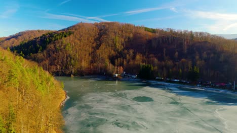 Beautiful-Frozen-Lake-And-Mountains,-Aerial-Drone,-Wilderness-Of-Lake-Bystrzyckie,-Poland