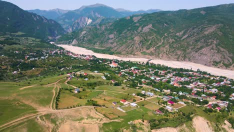 Drone-shot-flying-around-the-town-of-Lahic-in-the-Caucasus-mountains-in-Azerbaijan