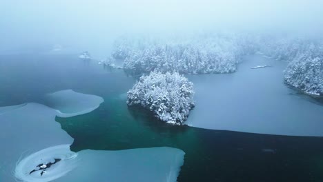 Lago-Eibsee-En-Alemania-Durante-El-Invierno,-árboles-Cubiertos-De-Nieve-Y-Agua-Clara,-Vista-Aérea