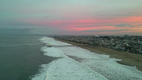 Aerial-Drone-Panoramic-Above-Vibrant-Sunset-Skyline-Manhattan-Beach-California