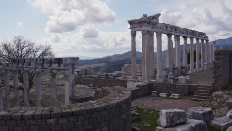Wide-shot-of-ancient-pillars-of-the-Temple-of-Trajan-on-a-hillside-in-Pergamum