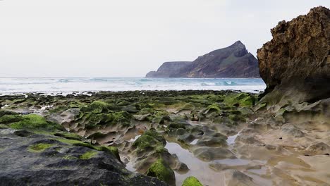 Natürliche-Filmische-Meereslandschaft-Mit-Erosionsfelsen-Voller-Grünem-Moos,-Meerwasserpfützen-Und-Wellen