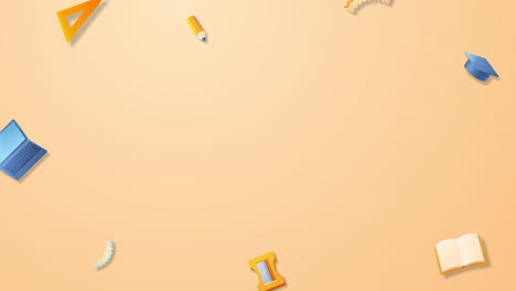 Animationssymbole-Für-Schulabschluss-3D-Elemente,-Die-Auftauchen,-Um-Text-In-Der-Mitte-Hinzuzufügen-–-Orangefarbener-Hintergrund
