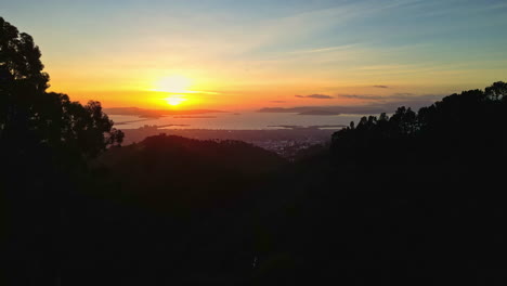 Aerial-Drone-Fly-Above-Sunset-Skyline-at-Grizzly-Peak-Berkeley-Hills-Summit-View