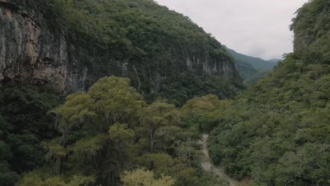 Aerial-panning-drone-shot-over-a-hiking-track-in-a-gorge-surrounded-with-a-wild-forest