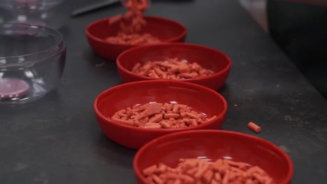 Pouring-Red-Food-Granules-On-Red-Bowls