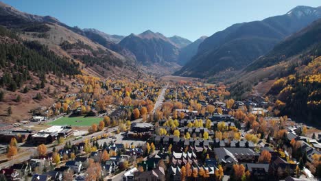 Drone-aerial-shot-panning-up-over-Telluride,-CO-and-Black-Bear-Pass
