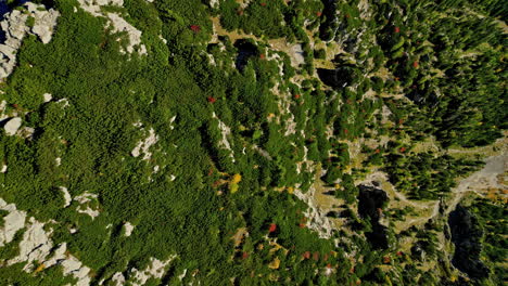 Aerial-view-of-The-Eagle-nest-valley,-midday-sunlight-hit-the-mountain-wall-covered-in-pine-trees