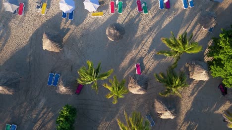 Sunrise-light-spreads-long-shadows-from-palm-trees-and-beach-chairs-across-sand-in-Caribbean-island-paradise
