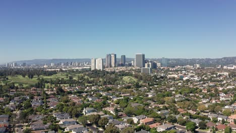 Los-Angeles-CA-USA,-Aerial-View-of-Central-Towers-in-Century-City-on-Hot-Sunny-Day