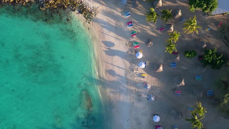 Drone-descends-on-long-shadows-from-palm-tree-and-umbrellas-on-hidden-tropical-cove-beach-of-Daaibooi-Curacao