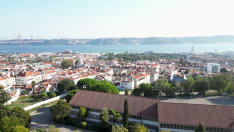 Aerial-panoramic-view-of-downtown-of-Lisbon-at-sunset,-Portugal