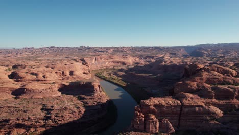 Drone-shot-revealing-the-Colorado-River-outside-of-Arches-National-Park,-Utah