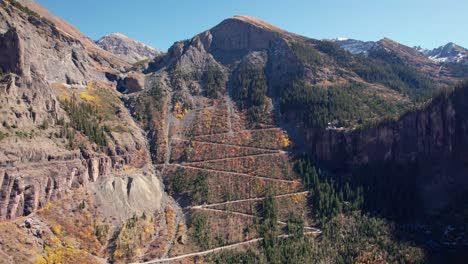 Distant-drone-shot-panning-to-the-left-of-Black-Bear-Pass-in-Telluride,-Colorado