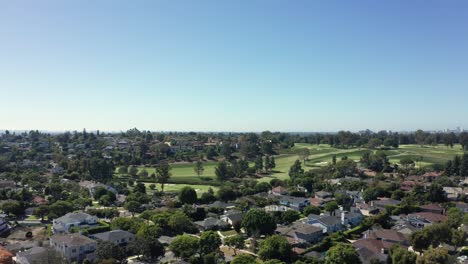 Drone-Shot-of-Golf-Club-Fields-and-Houses-in-Century-City,-Los-Angeles-CA-USA-Neighborhood