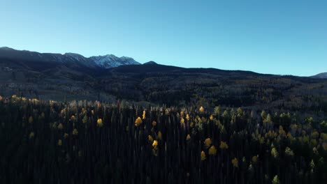 Drone-shot-panning-to-the-left-of-a-tree-line-peak-in-Telluride,-CO-in-the-fall