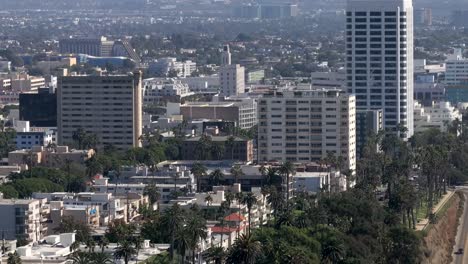 Aerial-cityscape-view-of-luxury-high-rises-and-homes-in-Santa-Monica,-California