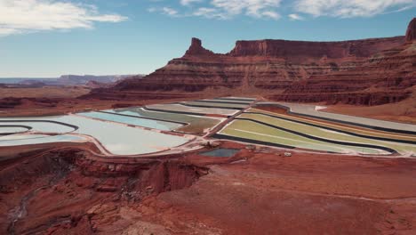 Drone-shot-panning-to-the-right-of-Potash-Ponds-in-Moab,-Utah