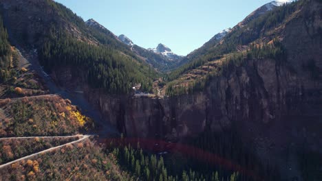 Distant-drone-shot-of-the-top-of-Bridal-Veil-Falls-in-Telluride,-Colorado
