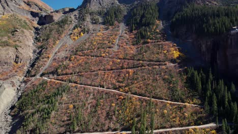 Drone-shot-swooping-in-towards-Black-Bear-Pass-in-Telluride,-CO-in-the-fall