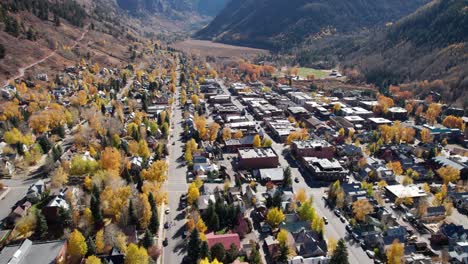 Aerial-drone-shot-angled-down-at-the-main-street-in-Telluride,-CO