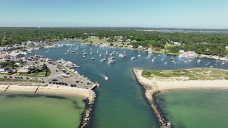 Drone-shot-of-the-Oak-Bluffs-marina-in-Massachusetts-on-a-sunny-day