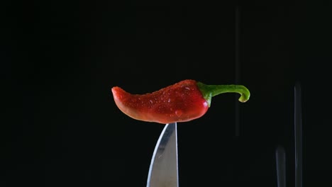 Water-Dripping-On-Red-Chili-Pepper-On-Tip-Of-Knife-In-Black-Background---Food-Advertisement-Behind-The-Scene