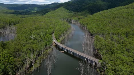 Forward-moving-aerial-view-over-Pine-Creek-Bridge,-Springbrook-National-Park-on-the-Gold-Coast-Hinterland,-Queensland,-Australia