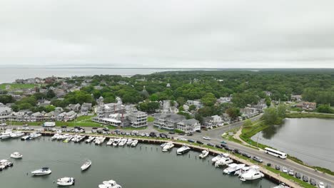 Drone-shot-of-the-Oak-Bluffs-town-and-marina-in-Massachusetts