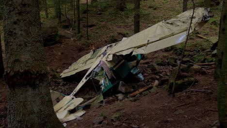 Slowly-panning-shot-of-leftovers-of-an-airplane-crash-in-a-forest-in-Auvergne-Rhone-Alpes