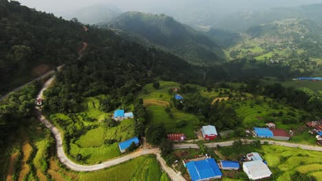 Luftaufnahme-Einer-FPV-Drohne-Von-Terrassierten-Reisfeldern-Während-Der-Erntezeit-In-Nepal