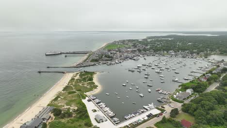 Wide-establishing-aerial-of-the-Oak-Bluffs-marina-in-Massachusetts
