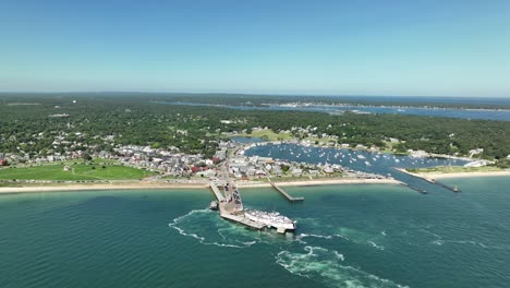 Drone-shot-of-the-ferry-docking-at-Martha's-Vineyard-on-the-East-Coast