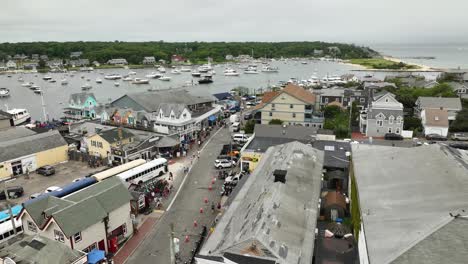 Drone-shot-of-Oak-Bluffs'-downtown-area-off-the-coast-of-Massachusetts