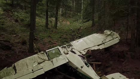 Backwards-drone-dolley-shot-over-an-airplane-wreck-in-a-forest-in-France-in-autumn-time