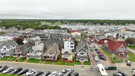 Drone-shot-of-homes-near-Oak-Bluffs'-downtown-area-in-Massachusetts