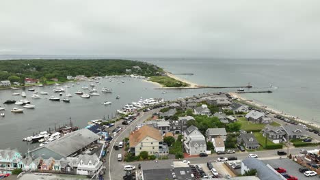 Establishing-drone-shot-of-the-Oak-Bluffs-downtown-area-with-the-marina-in-the-background