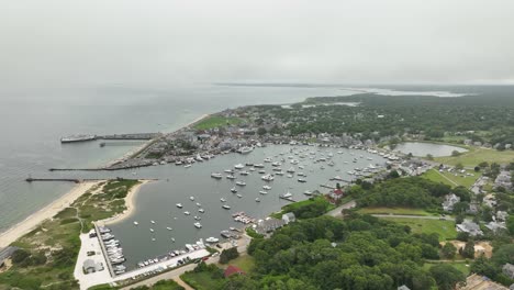 Establishing-drone-shot-of-the-Oak-Bluffs-marina-in-Massachusetts